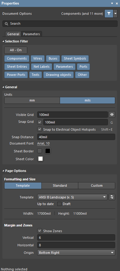 Properties panel, document options